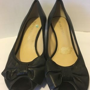 PEEP TOE BLACK LEATHER SHOES, US 7W